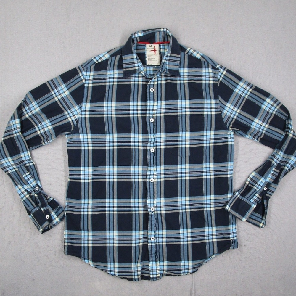 Relwen Mens Medium Blue Plaid Long Sleeve Button Down Cotton Shirt